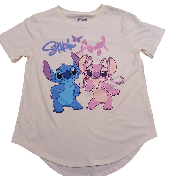 Disney Tops - Disney Stitch and Angel Graphic T-Shirt Cream Womens Large Lilo & Stitch Tee